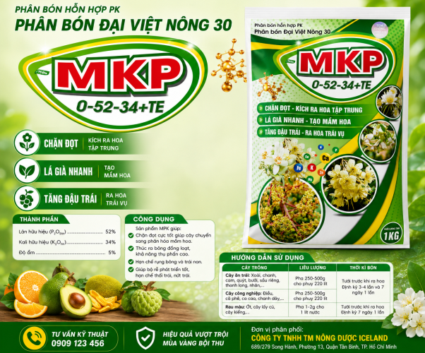 🌸 MKP 0-52-34+TE – Phân bón chuyên dùng cho giai đoạn ra hoa, đậu trái 🌸